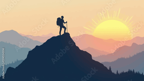 Summit Sunrise: A determined individual, standing triumphant atop a rugged mountain peak, savors the golden hues of a breathtaking sunrise over a picturesque landscape.