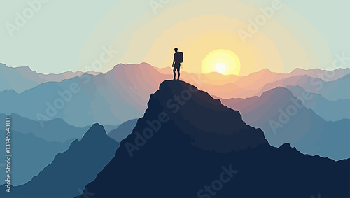 Mountain peak conqueror: A lone figure stands triumphantly atop a towering mountain peak, silhouetted against a vibrant sunrise, symbolizing aspiration and determination.