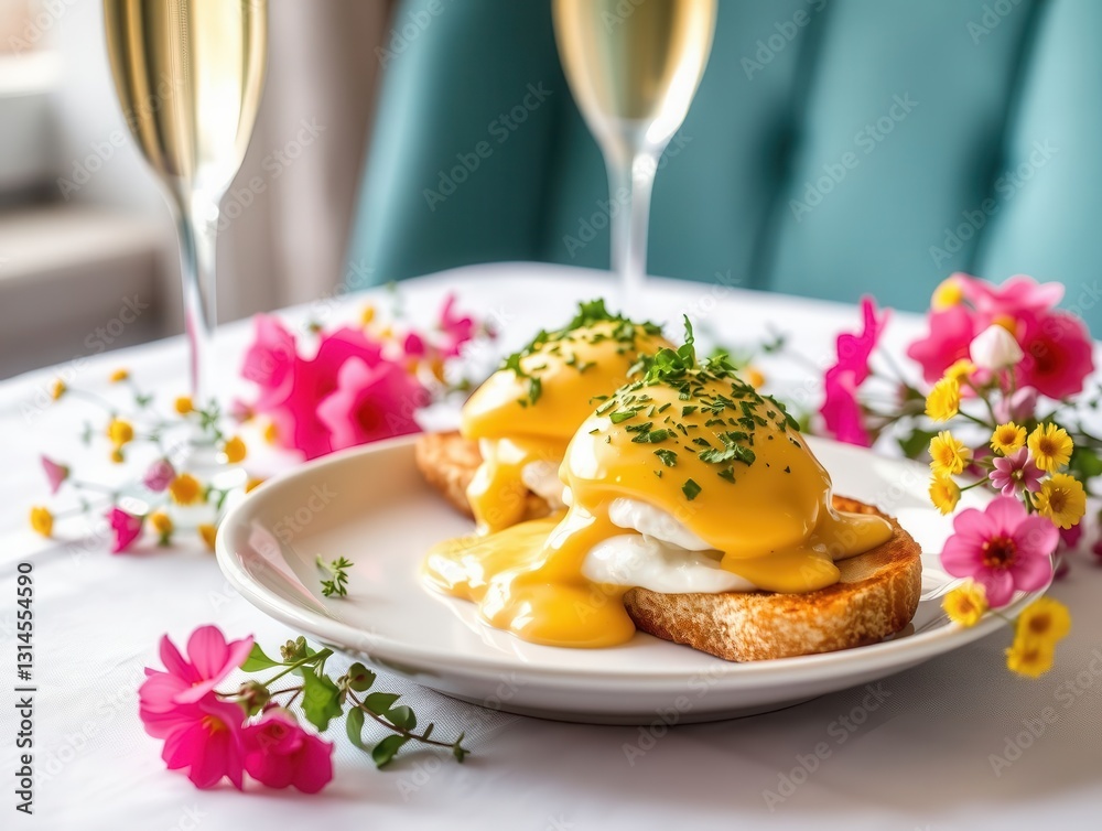 Eggs Benedict brunch with champagne and flowers Eggs Benedict brunch with champagne and flowers