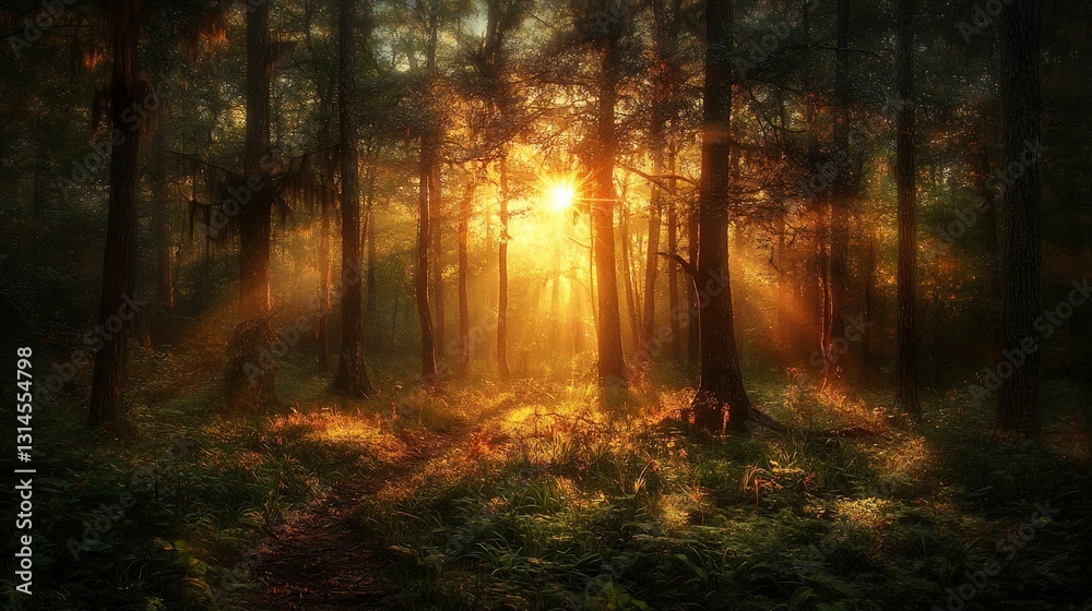 Fototapeta premium Sunlit Forest Path, Mystical Dawn