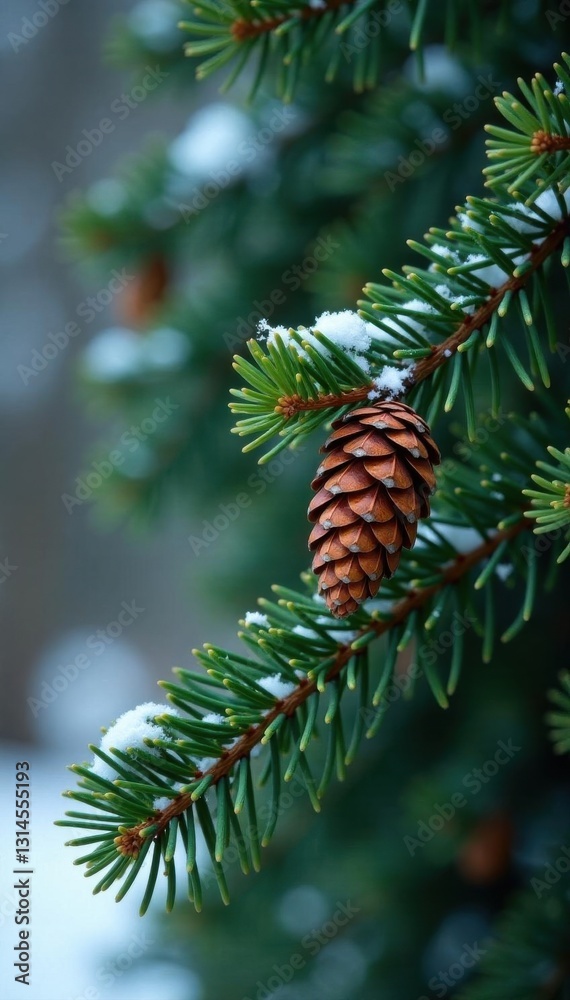 Dark green fir branch with open pinecone, snowy background, tree, holiday, botany Dark green fir branch with open pinecone, snowy background, tree, holiday, botany