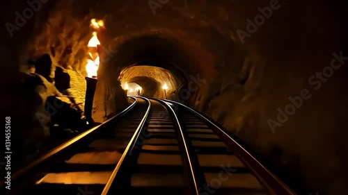 Traveling Through Lit Cave on Railroad Tracks in an Adventure Ride