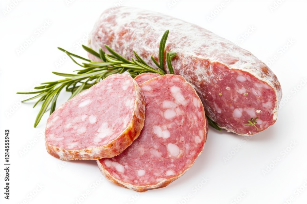 High quality kielbasa sausage with slices and rosemary on white background for culinary use High quality kielbasa sausage with slices and rosemary on white background for culinary use