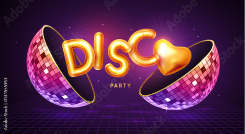 Disco party typography background with 3d golden letters, disco ball, heart and dance floor. Vector illustration