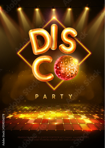 Disco party typography background with 3d golden letters, disco ball, dance floor and spot light beams. Vector illustration