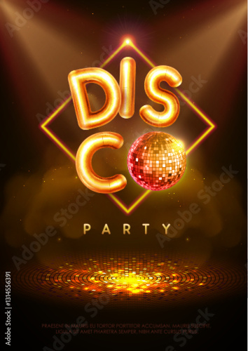 Disco party typography background with 3d golden letters, disco ball, dance floor and spot light beams. Vector illustration