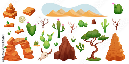 Desert view cartoon. Cactus plant. Summer sky. Mountain rock. Bare tree. Dry land. Sahara sandstone. Nature landscape. Wild west game. Animal skull. Arizona scenery. Vector wilderness element tidy set