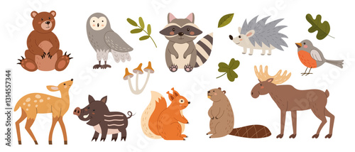 Cute forest characters. Kid animals. Cartoon bird and bear. Nature wildlife. Adorable playful deer. Owl and squirrel. Funny elk. Childish drawing. Wild hedgehog and beaver. Vector woodland mammals set