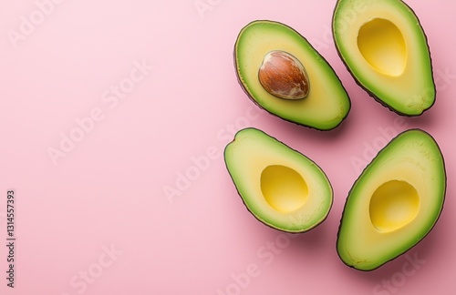 Avocados Cut in Half on a Pastel Pink Background, Top View with Copy Space for Healthy Food and Dieting Concepts