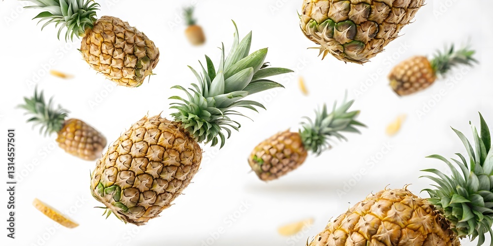 Fresh Pineapples Flying in Bright White Background with Motion Effect Fresh Pineapples Flying in Bright White Background with Motion Effect