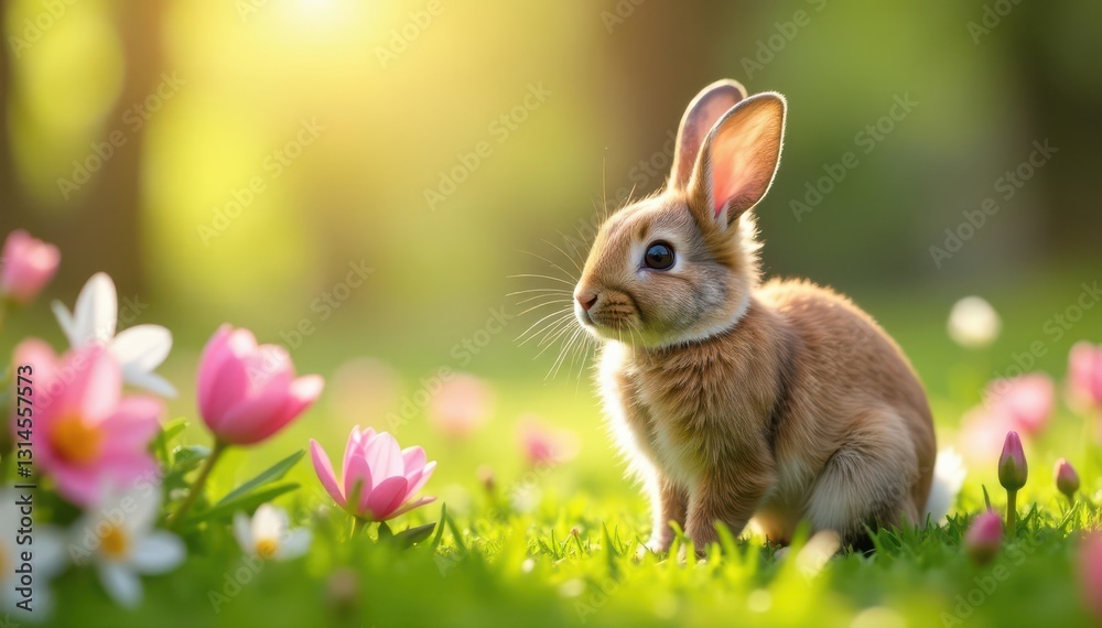 Obraz premium Fluffy bunnies frolic amidst blooming spring flowers, sunlight dappled , texture, stock, vibrant