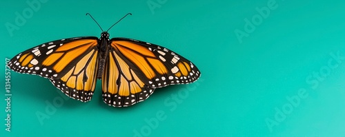Monarch Butterfly Displayed on a Cyan Backdrop Under Bright Studio Lighting Composition