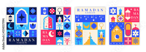 Ramadan card. Eid Islam pattern. Arab Mubarak background. Bauhaus geometric shapes. Muslim graphic poster. Oriental lantern. Ramadan Kareem art. Modern squares mosaic. Vector garish banners design set