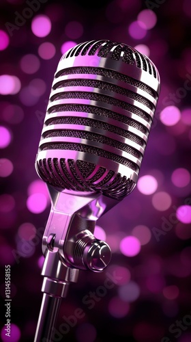 Vintage Radio Microphone with Retro Charm and a Dazzling Array of Purple Bokeh Background Lights