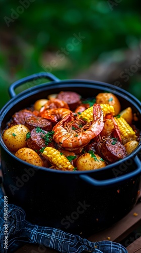 Delicious Seafood Boil in Rustic Pot Outdoors