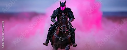 Masked Rider on Horseback Through Pink Smoke
