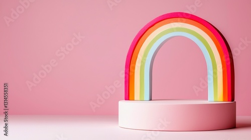 Pastel Rainbow Arch on Pink Stand Serene Minimalist Design for Childrens Decor Showcase 3D Render