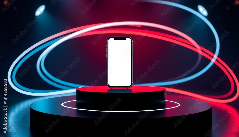 Futuristic Smartphone Showcase. Sleek smartphone displayed on a dark pedestal with dynamic light trails in blue and red, creating a high-tech presentation.