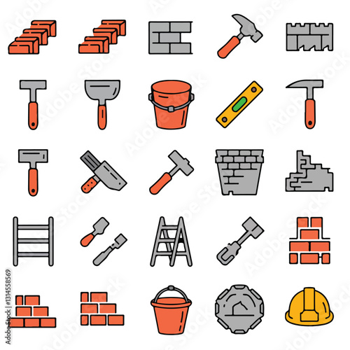 Set of 30 outline icons related to masonry. Linear icon collection. Editable stroke. Vector illustration