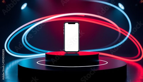 Obraz na płótnie Futuristic Smartphone Showcase. Sleek smartphone displayed on a dark pedestal with dynamic light trails in blue and red, creating a high-tech presentation. w salonie