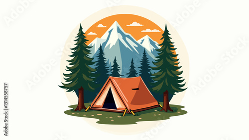 Mountain Camping Scene: A cozy orange tent nestled amidst tall pine trees, with majestic snow-capped mountains rising in the background under a vibrant sunset.