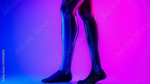 Human Legs with Visible Bones in Neon Light
