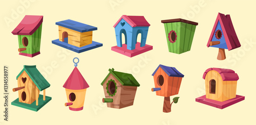 Bird in house. Cute birdhouse. Spring childish colorful home. Summer nature art. Garden wood decoration. Nesting box. Starling building with feeder. Cartoon animal shelter set. Vector flat tidy design