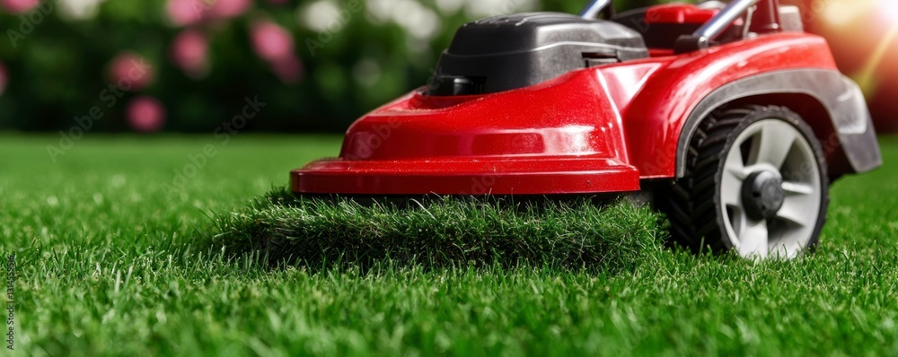 Fototapeta premium Red Lawn Mower Cutting Green Grass Outdoors