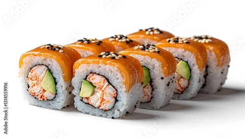 A classic California roll with crab meat, avocado, and cucumber wrapped in white sushi rice and topped with sesame seeds