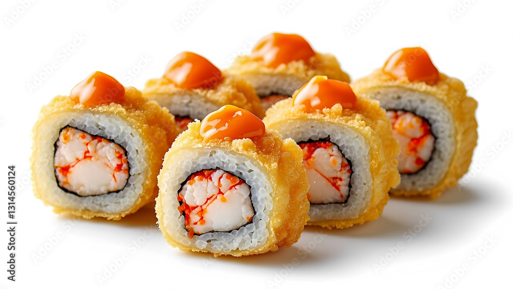 A tempura-fried sushi roll with crispy golden batter, filled with spicy crab and topped with sriracha mayo drizzle