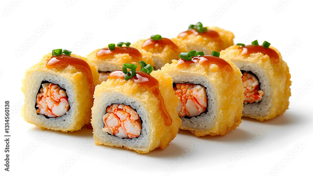 A tempura-fried sushi roll with crispy golden batter, filled with spicy crab and topped with sriracha mayo drizzle A tempura-fried sushi roll with crispy golden batter, filled with spicy crab and topped with sriracha mayo drizzle