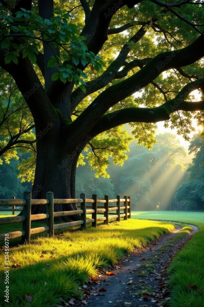 Massive oak limb arches over weathered fence, bathed in soft sunlight Southern charm , image, nature photography Massive oak limb arches over weathered fence, bathed in soft sunlight Southern charm , image, nature photography