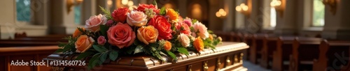 Ornate casket, vibrant blooms in somber church, dark, memorial