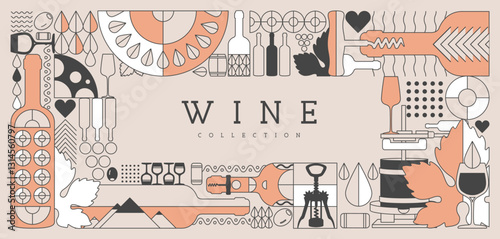 Modern line art magazine cover or poster with wine bottles and glasses. Restaurant menu design. Vector illustration