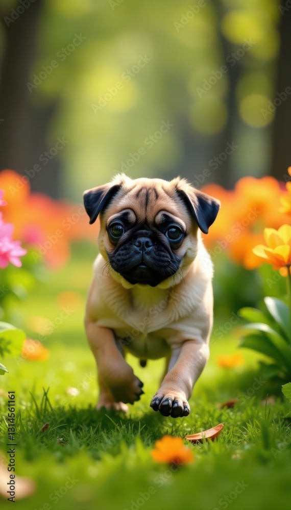 Fototapeta premium Pug puppy dashes between vibrant park flowers , spring, running, spring flowers