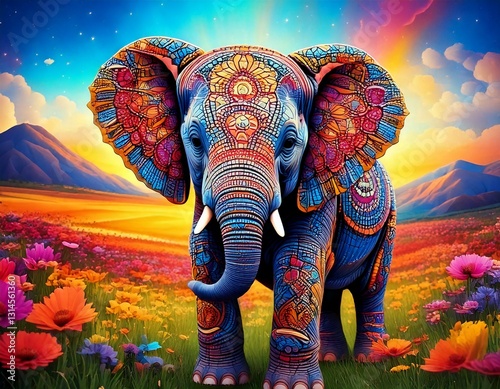 Baby elephant with mosaic and mandalas in a beautiful landscape with a Rainbow