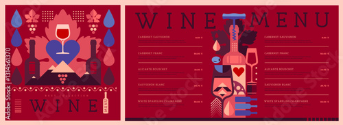 Restaurant wine menu design with mosaic wine bottles and glasses. Wine background. Vector illustration