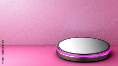 Sleek Round Platform with Neon Pink Lighting Product Display on Pink Surface and Textured Pink Wall