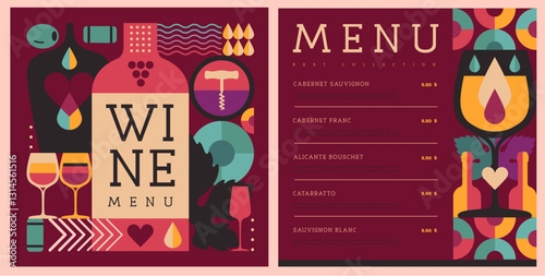Restaurant wine menu design with mosaic wine bottles and glasses. Wine background. Vector illustration