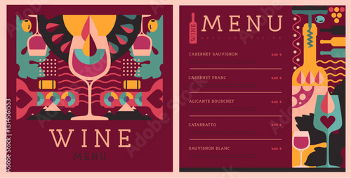 Restaurant wine menu design with mosaic wine bottles and glasses. Wine background. Vector illustration