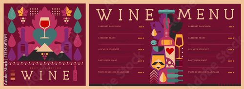 Restaurant wine menu design with mosaic wine bottles and glasses. Wine background. Vector illustration