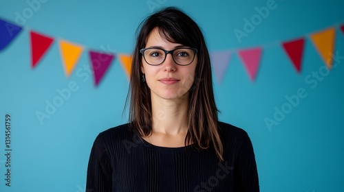 Young Woman with Glasses Against Blue Background and Colorful Banners