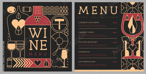 Restaurant wine menu design with line art wine bottles and glasses. Wine background. Vector illustration