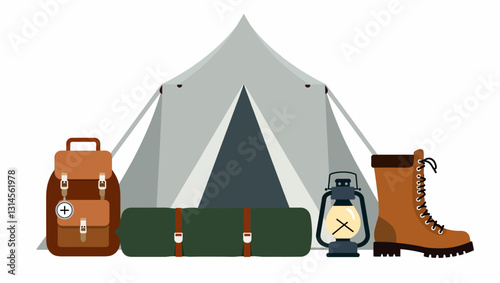 Camping Essentials: An illustration of essential camping equipment, including a sturdy tent, a comfortable sleeping bag, a trusty backpack, a lantern for illumination.
