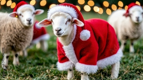 Festive Sheep in Santa Costumes Celebrate Christmas