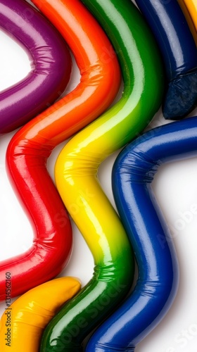 Vibrant Rainbow Colored Tubes Winding Against a White Backdrop Artistic and Playful Design Element