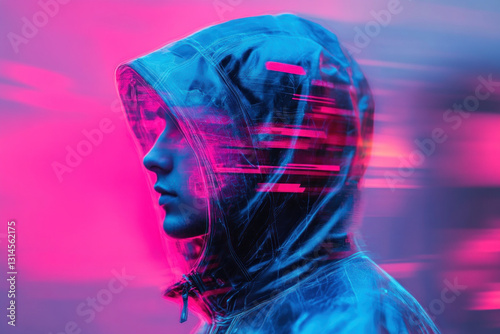 Man in hoodie against neon blue and pink background.