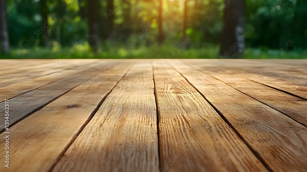Serene Wooden Planks with Background of Lush Green Nature Light Serene Wooden Planks with Background of Lush Green Nature Light