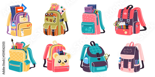School backpack bag. Children s colorful schoolbag for education. Study accessories, textbooks and pens, childish travel baggage. Kids rucksack in textile modern design. Vector isolated illustration