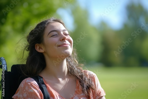 Spinal Muscular Atrophy: Woman Using Wheelchair in Summer Park, Deep in Thought